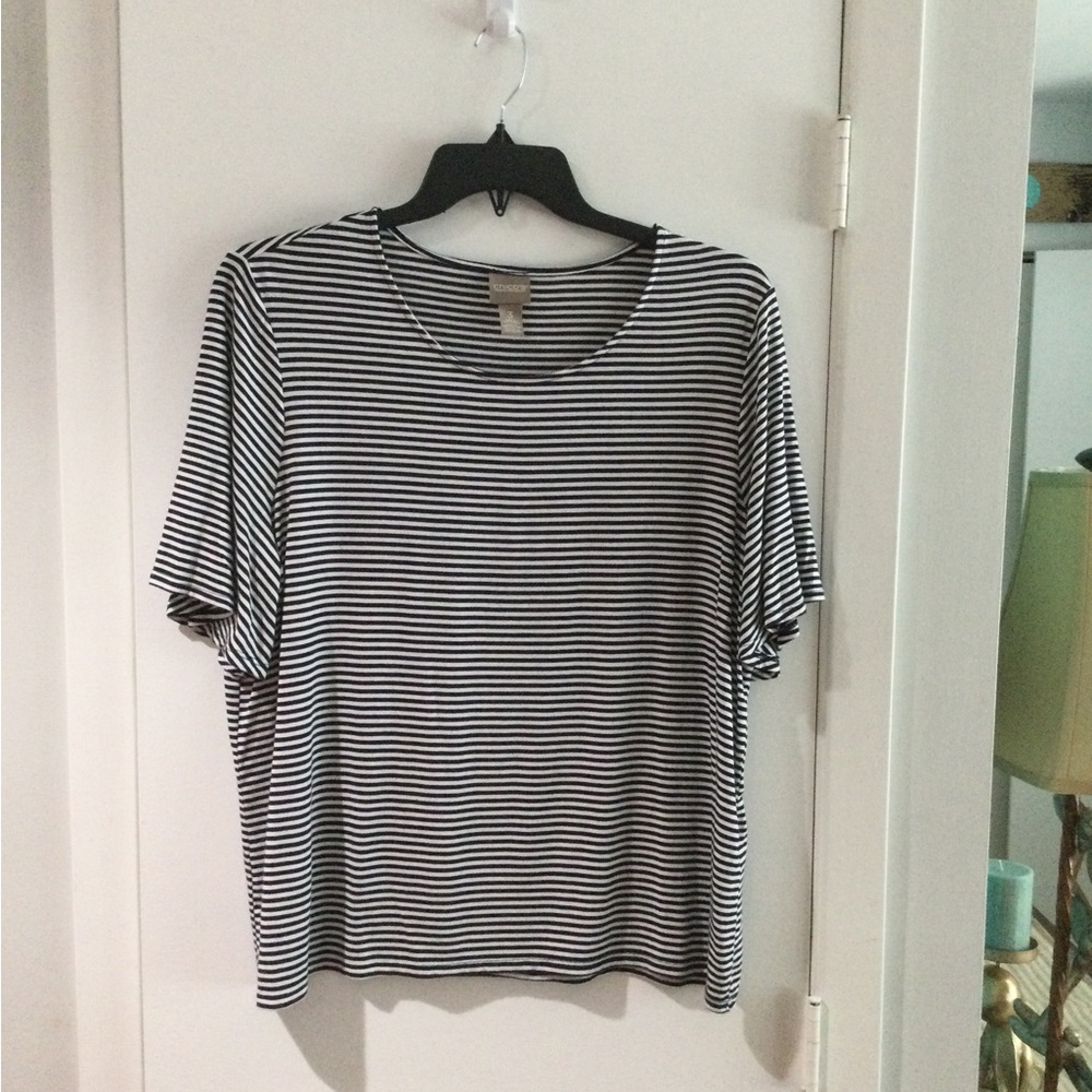 Chicos navy and white stripe flutter sleeve top